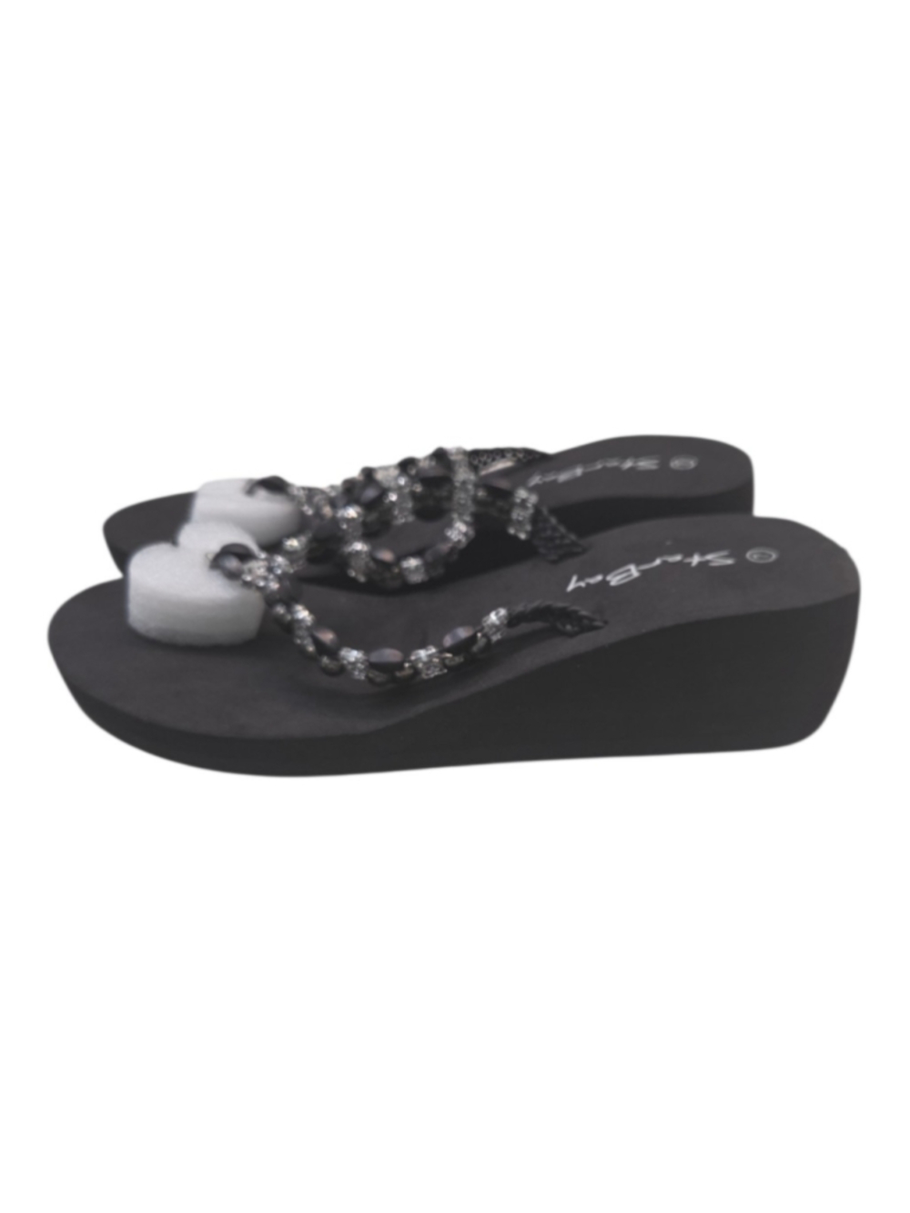 Star Bay Black Beaded Rhinestone Wedge Flip Flops Various Sizes